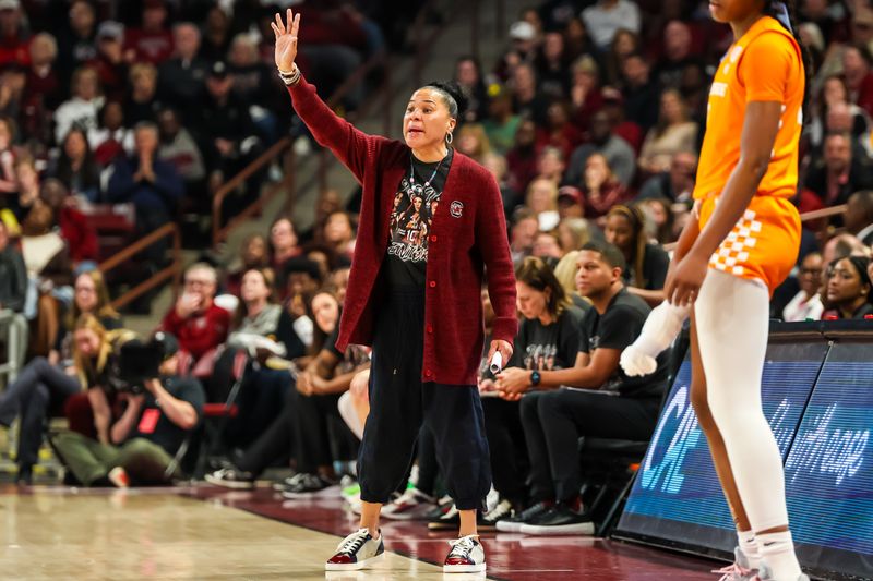 Mar 3, 2024; Columbia, South Carolina, USA; South Carolina Gamecocks head coach Dawn Staley directs her team against the Tennessee Lady Vols in the first half at Colonial Life Arena. Mandatory Credit: Jeff Blake-USA TODAY Sports