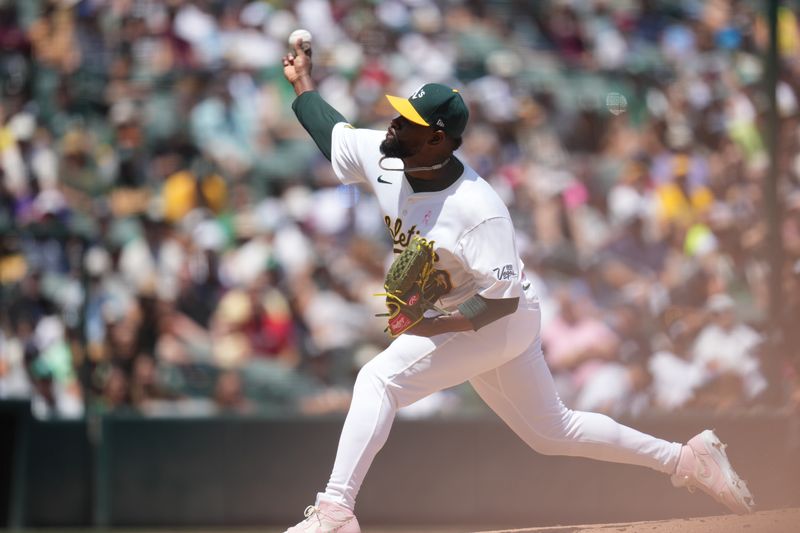 May 11, 2025; West Sacramento, California, USA; Athletics pitcher Luis Severino (40) delivers a pitch against the New York Yankees in the first inning at Sutter Health Park. Mandatory Credit: Cary Edmondson-Imagn Images
