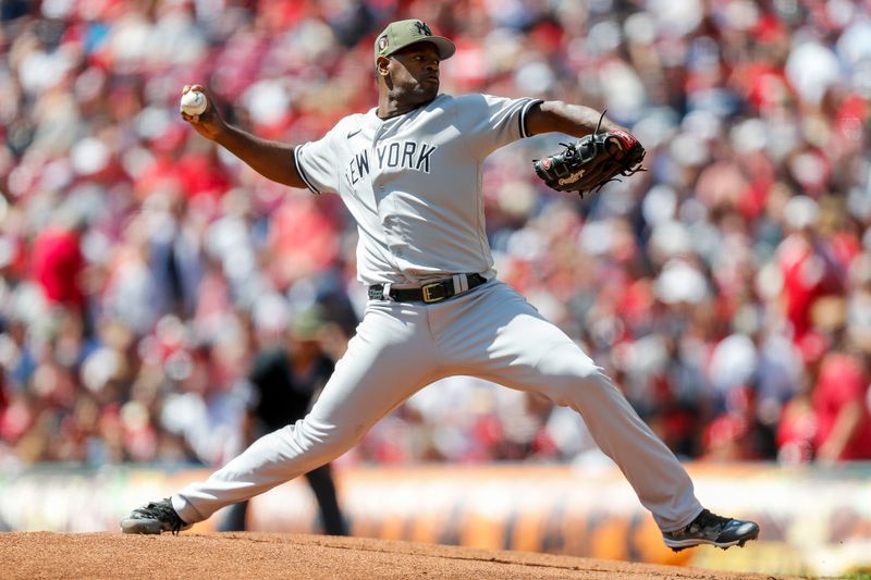 May 21, 2023; Cincinnati, Ohio, USA; New York Yankees starting pitcher Luis Severino (40) pitches against the Cincinnati Reds in the first inning at Great American Ball Park. Mandatory Credit: Katie Stratman-USA TODAY Sports