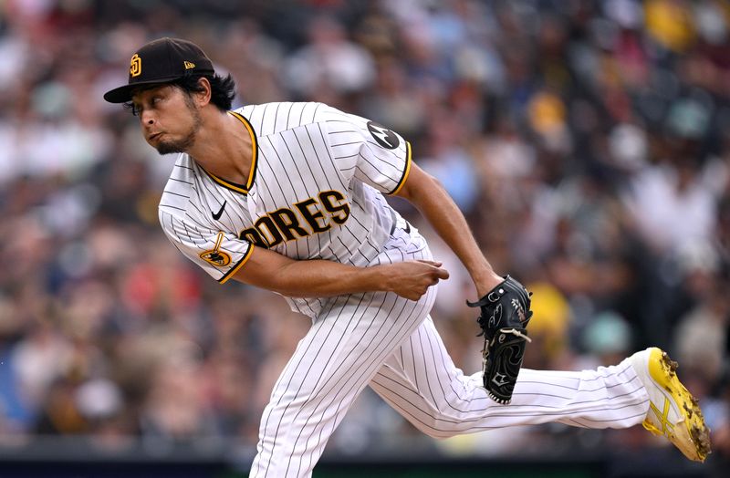 Aug 19, 2023; San Diego, California, USA; San Diego Padres starting pitcher Yu Darvish (11) throws a pitch against the Arizona Diamondbacks during the third inning at Petco Park. Mandatory Credit: Orlando Ramirez-USA TODAY Sports