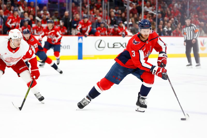 Mar 26, 2024; Washington, District of Columbia, USA; Washington Capitals defenseman Nick Jensen (3) skates with the puck past Detroit Red Wings right wing Alex DeBrincat (93) during the first period at Capital One Arena. Mandatory Credit: Amber Searls-USA TODAY Sports