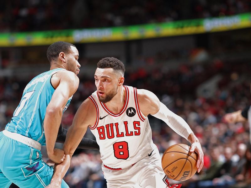 CHICAGO, IL - JANUARY 5: Zach LaVine #8 of the Chicago Bulls drives to the basket during the game against the Charlotte Hornets on January 5, 2024 at United Center in Chicago, Illinois. NOTE TO USER: User expressly acknowledges and agrees that, by downloading and or using this photograph, User is consenting to the terms and conditions of the Getty Images License Agreement. Mandatory Copyright Notice: Copyright 2024 NBAE (Photo by Jeff Haynes/NBAE via Getty Images)