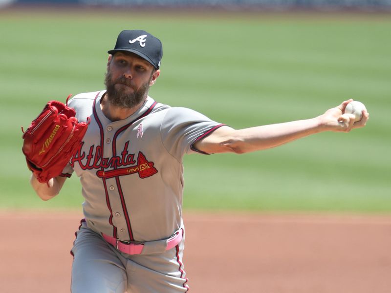 May 11, 2025; Pittsburgh, Pennsylvania, USA;  Atlanta Braves starting pitcher Chris Sale (51) delivers a pitch against the Pittsburgh Pirates during the first inning at PNC Park. Mandatory Credit: Charles LeClaire-Imagn Images