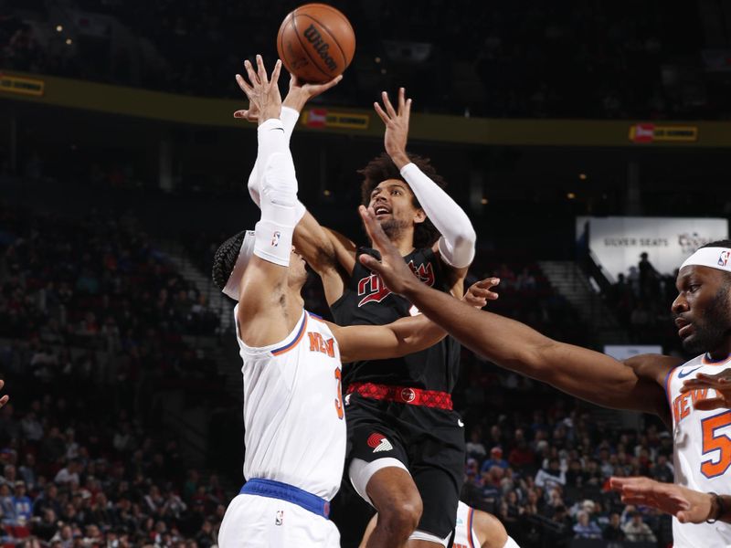 PORTLAND, OR - MARCH 14: Matisse Thybulle #4 of the Portland Trail Blazers drives to the basket during the game against the New York Knicks on March 14, 2024 at the Moda Center Arena in Portland, Oregon. NOTE TO USER: User expressly acknowledges and agrees that, by downloading and or using this photograph, user is consenting to the terms and conditions of the Getty Images License Agreement. Mandatory Copyright Notice: Copyright 2024 NBAE (Photo by Cameron Browne/NBAE via Getty Images)