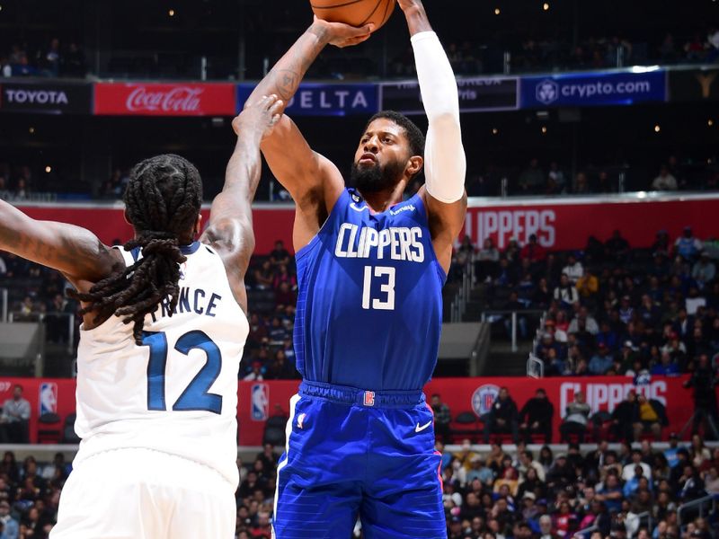 LOS ANGELES, CA - FEBRUARY 28: Paul George #13 of the LA Clippers shoots the ball during the game against the Minnesota Timberwolves on February 28, 2023 at Crypto.Com Arena in Los Angeles, California. NOTE TO USER: User expressly acknowledges and agrees that, by downloading and/or using this Photograph, user is consenting to the terms and conditions of the Getty Images License Agreement. Mandatory Copyright Notice: Copyright 2023 NBAE (Photo by Adam Pantozzi/NBAE via Getty Images)