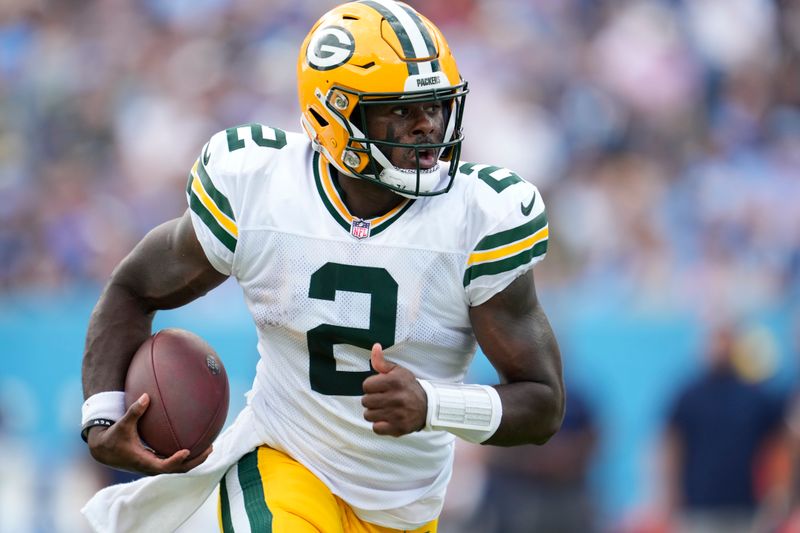 Green Bay Packers' Malik Willis runs during the first half of an NFL football game against the Tennessee Titans Sunday, Sept. 22, 2024, in Nashville, Tenn. (AP Photo/George Walker IV)