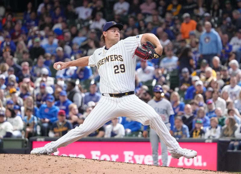 May 4, 2025; Milwaukee, Wisconsin, USA; Milwaukee Brewers pitcher Trevor Megill (29) delivers a pitch against the Chicago Cubs in the ninth inning at American Family Field. Milwaukee Brewers 4, Chicago Cubs 0. Mandatory Credit: Michael McLoone-Imagn Images