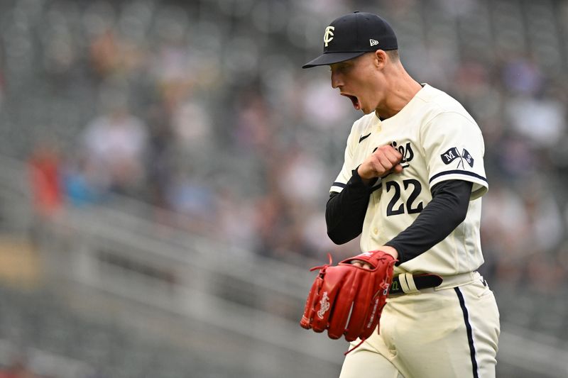 Aug 6, 2023; Minneapolis, Minnesota, USA;  Minnesota Twins pitcher Griffin Jax (22) reacts after striking out Arizona Diamondbacks outfielder Corbin Carroll (7) for the final out of the eighth inning at Target Field. Mandatory Credit: Nick Wosika-USA TODAY Sports