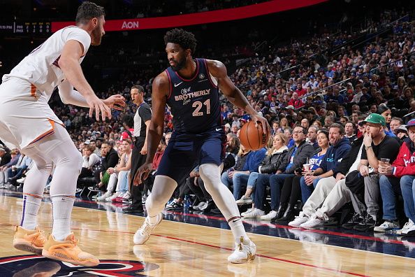 PHILADELPHIA, PA - NOVEMBER 4: Joel Embiid #21 of the Philadelphia 76ers dribbles the ball during the game against the Phoenix Suns on November 4, 2023 at the Wells Fargo Center in Philadelphia, Pennsylvania NOTE TO USER: User expressly acknowledges and agrees that, by downloading and/or using this Photograph, user is consenting to the terms and conditions of the Getty Images License Agreement. Mandatory Copyright Notice: Copyright 2023 NBAE (Photo by Jesse D. Garrabrant/NBAE via Getty Images)