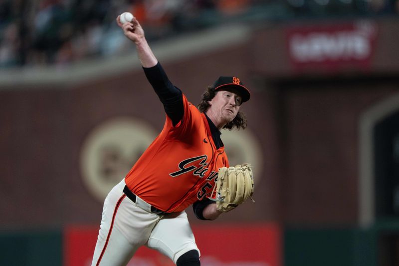 Jul 26, 2024; San Francisco, California, USA;  San Francisco Giants pitcher Mike Baumann (54) pitches during the eighth inning against the Colorado Rockies at Oracle Park. Mandatory Credit: Stan Szeto-USA TODAY Sports