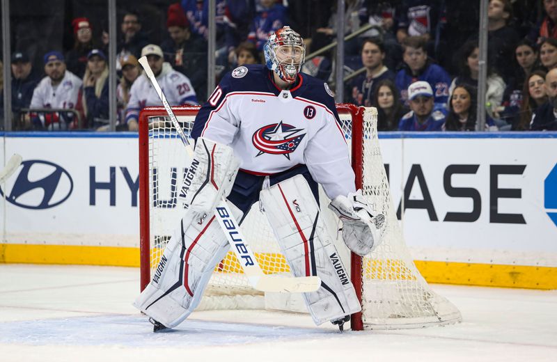 Jan 18, 2025; New York, New York, USA; Columbus Blue Jackets goalie Daniil Tarasov (40) watches the puck against the New York Rangers during the first period at Madison Square Garden. Mandatory Credit: Danny Wild-Imagn Images