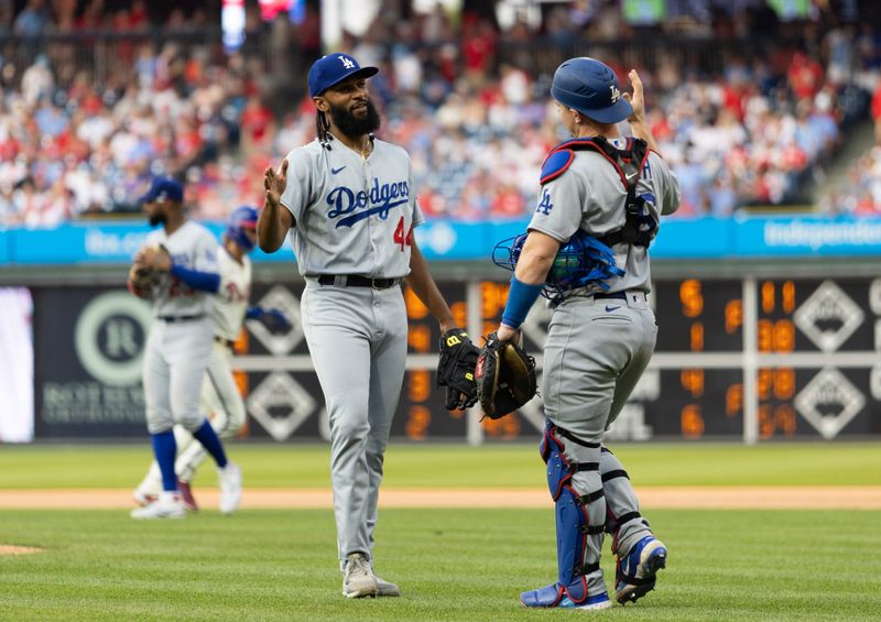 Jun 10, 2023; Philadelphia, Pennsylvania, USA; Los Angeles Dodgers pitcher Andre Jackson (44) celebrates with catcher Will Smith (16) after a victory against the Philadelphia Phillies at Citizens Bank Park. Mandatory Credit: Bill Streicher-USA TODAY Sports