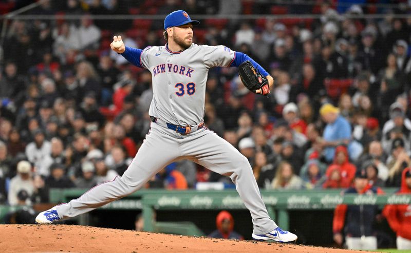 May 21, 2025; Boston, Massachusetts, USA; New York Mets starting pitcher Tylor Megill (38) pitches against the Boston Red Sox during the fourth inning at Fenway Park. Mandatory Credit: Eric Canha-Imagn Images