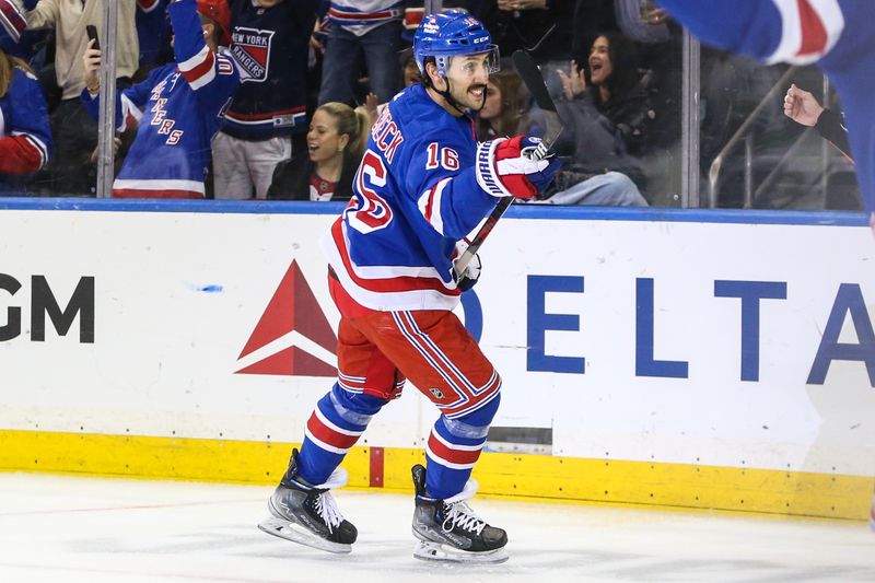 Jan 8, 2024; New York, New York, USA;  New York Rangers center Vincent Trocheck (16) celebrates after scoring a goal in the first period against the Vancouver Canucks at Madison Square Garden. Mandatory Credit: Wendell Cruz-USA TODAY Sports