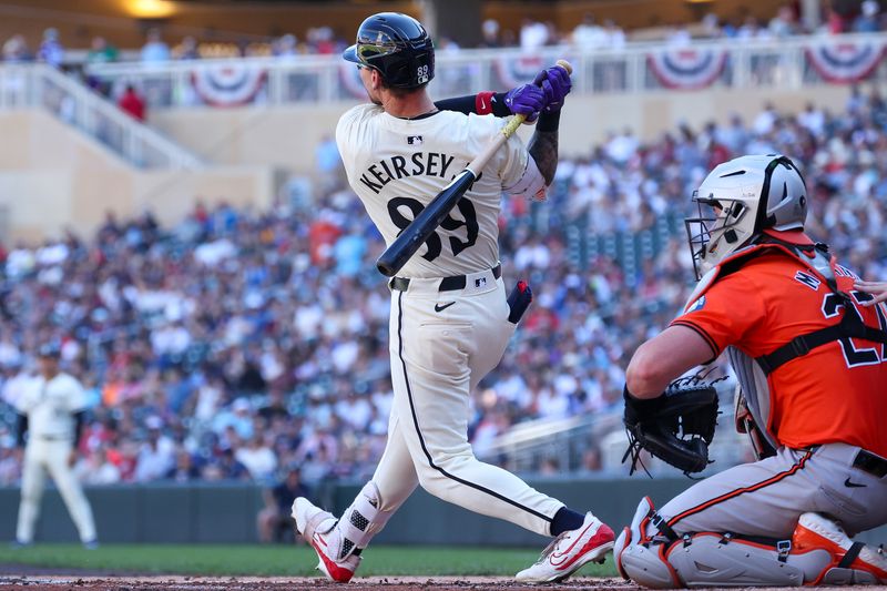 Sep 29, 2024; Minneapolis, Minnesota, USA; Minnesota Twins center fielder DaShawn Keirsey Jr. (89) hits his first career home run against the Baltimore Orioles during the third inning at Target Field. Mandatory Credit: Matt Krohn-Imagn Images