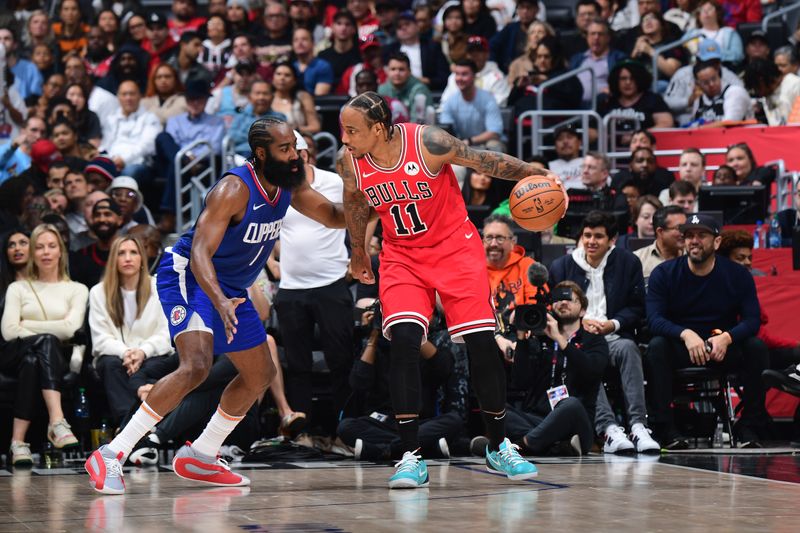 LOS ANGELES, CA - MARCH 9: DeMar DeRozan #11 of the Chicago Bulls dribbles the ball during the game against the LA Clippers on March 9, 2024 at Crypto.Com Arena in Los Angeles, California. NOTE TO USER: User expressly acknowledges and agrees that, by downloading and/or using this Photograph, user is consenting to the terms and conditions of the Getty Images License Agreement. Mandatory Copyright Notice: Copyright 2024 NBAE (Photo by Adam Pantozzi/NBAE via Getty Images)