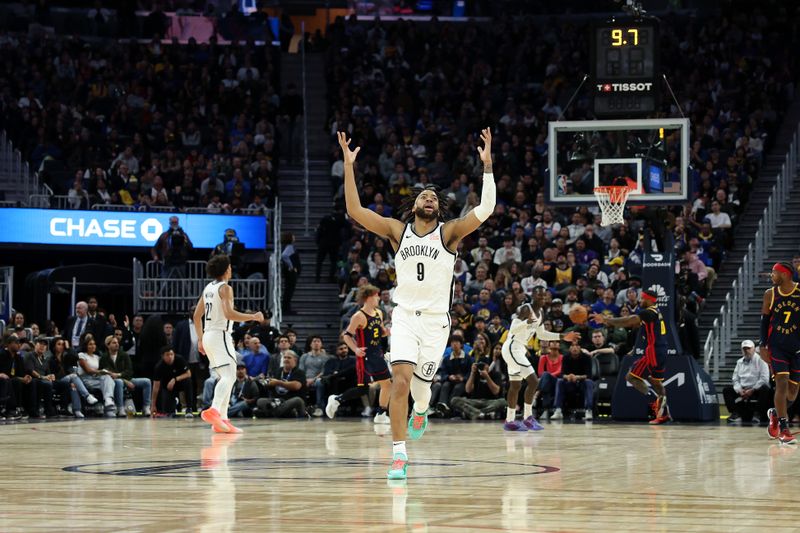 SAN FRANCISCO, CALIFORNIA - NOVEMBER 25: Trendon Watford #9 of the Brooklyn Nets reacts after making a basket tate Warriors in the second half at Chase Center on November 25, 2024 in San Francisco, California. NOTE TO USER: User expressly acknowledges and agrees that, by downloading and/or using this photograph, user is consenting to the terms and conditions of the Getty Images License Agreement.   (Photo by Ezra Shaw/Getty Images)