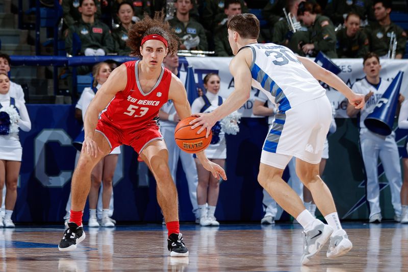 Feb 10, 2023; Colorado Springs, Colorado, USA; Air Force Falcons guard Camden Vander Zwaag (30) controls the ball as New Mexico Lobos forward Josiah Allick (53) guards in the first half at Clune Arena. Mandatory Credit: Isaiah J. Downing-USA TODAY Sports