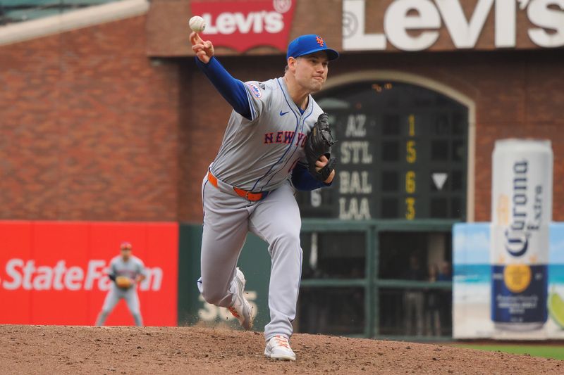 Apr 24, 2024; San Francisco, California, USA; New York Mets relief pitcher Adam Ottavino (0) pitches the ball against the San Francisco Giants during the eighth inning at Oracle Park. Mandatory Credit: Kelley L Cox-USA TODAY Sports