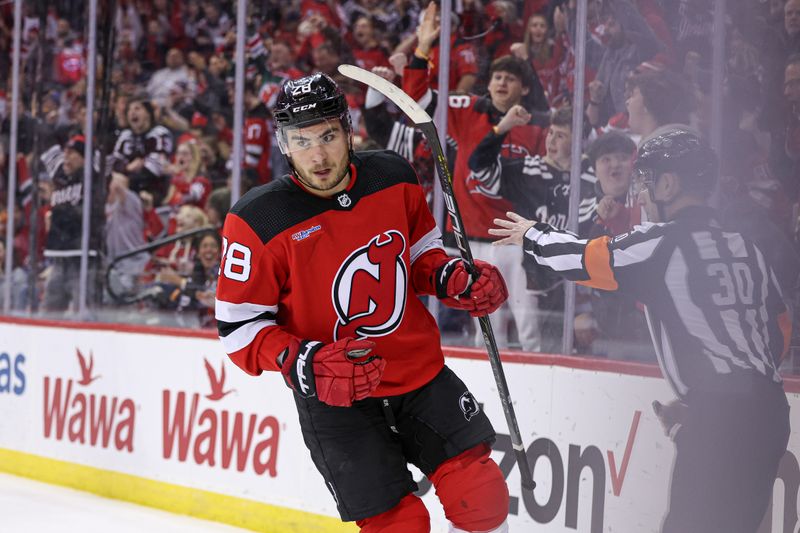 Mar 7, 2024; Newark, New Jersey, USA; New Jersey Devils right wing Timo Meier (28) celebrates his first goal of the game against the St. Louis Blues during the first period at Prudential Center. Mandatory Credit: Vincent Carchietta-USA TODAY Sports