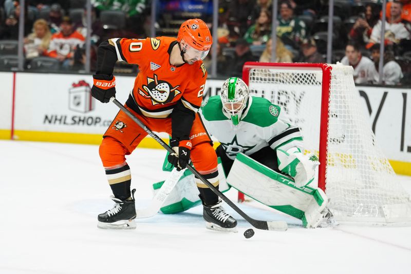Dec 19, 2025; Anaheim, California, USA; Anaheim Ducks left wing Chris Kreider (20) shoots the puck against Dallas Stars goaltender Casey Desmith (1) in the second period at Honda Center. Mandatory Credit: Kirby Lee-Imagn Images