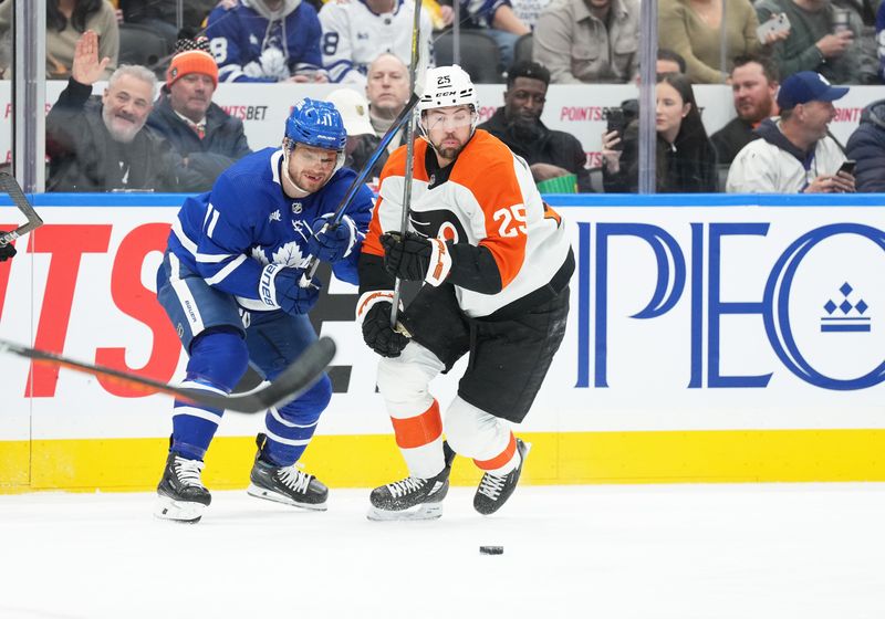 Feb 15, 2024; Toronto, Ontario, CAN; Toronto Maple Leafs center Max Domi (11) battles for the puck with Philadelphia Flyers center Ryan Poehling (25) during the first period at Scotiabank Arena. Mandatory Credit: Nick Turchiaro-USA TODAY Sports