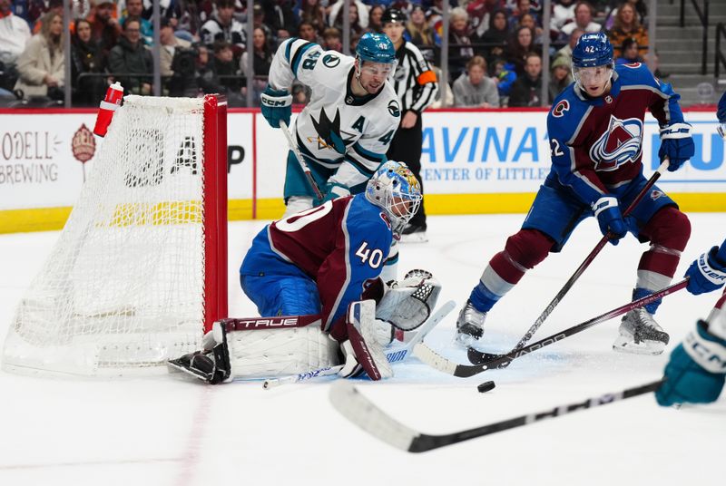 Dec 31, 2023; Denver, Colorado, USA; San Jose Sharks defenseman Mario Ferraro (38) and defenseman Josh Manson (42) and San Jose Sharks center Tomas Hertl (48) during the third period at Ball Arena. Mandatory Credit: Ron Chenoy-USA TODAY Sports