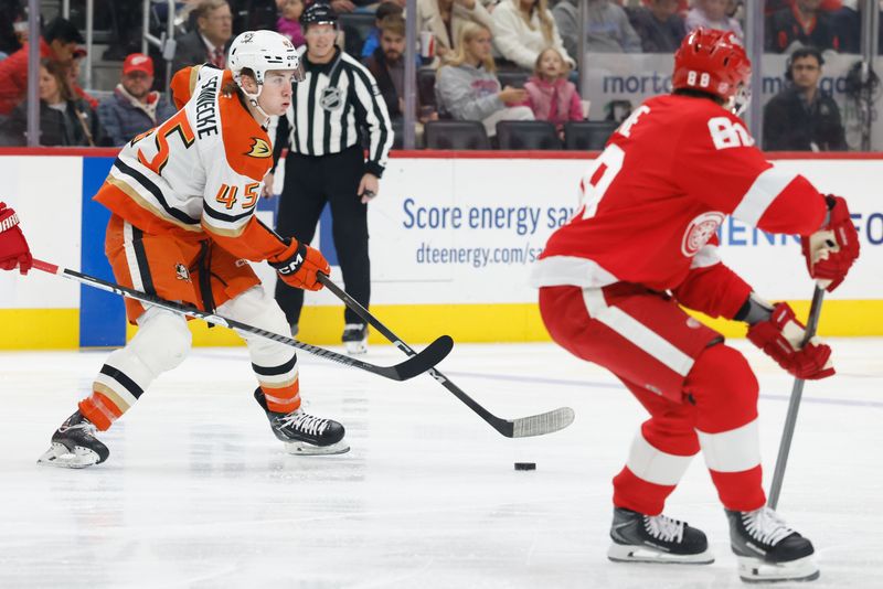 Nov 13, 2025; Detroit, Michigan, USA;  Anaheim Ducks right wing Beckett Sennecke (45) skates with the puck in the first period against the Detroit Red Wings at Little Caesars Arena. Mandatory Credit: Rick Osentoski-Imagn Images