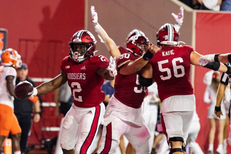 Sep 2, 2022; Bloomington, Indiana, USA; Indiana Hoosiers running back Shaun Shivers (2) celebrates the game winning touchdown in the second half against the Illinois Fighting Illini at Memorial Stadium. Mandatory Credit: Trevor Ruszkowski-USA TODAY Sports