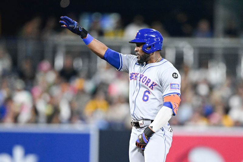 Aug 23, 2024; San Diego, California, USA; New York Mets right fielder Starling Marte (6) gestures after hitting a single during the fifth inning against the San Diego Padres at Petco Park. Mandatory Credit: Denis Poroy-USA TODAY Sports