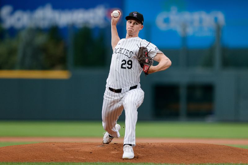 Aug 9, 2024; Denver, Colorado, USA; Colorado Rockies starting pitcher Tanner Gordon (29) pitches in the first inning against the Atlanta Braves at Coors Field. Mandatory Credit: Isaiah J. Downing-USA TODAY Sports