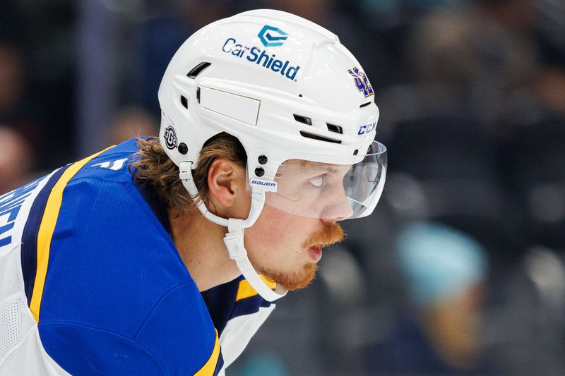 Oct 8, 2024; Seattle, Washington, USA; St. Louis Blues right wing Kasperi Kapanen (42) looks on during the first period against the Seattle Kraken at Climate Pledge Arena. Mandatory Credit: Caean Couto-Imagn Images