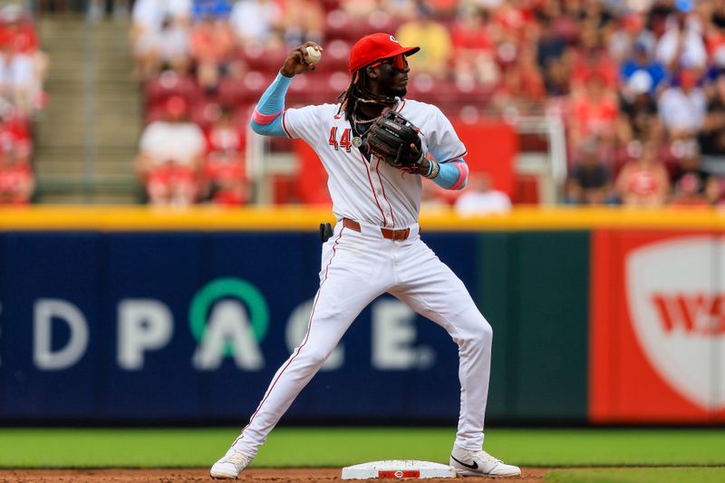 May 26, 2024; Cincinnati, Ohio, USA; Cincinnati Reds shortstop Elly De La Cruz (44) throws to first to get Los Angeles Dodgers second baseman Gavin Lux (not pictured) out in the second inning at Great American Ball Park. Mandatory Credit: Katie Stratman-USA TODAY Sports