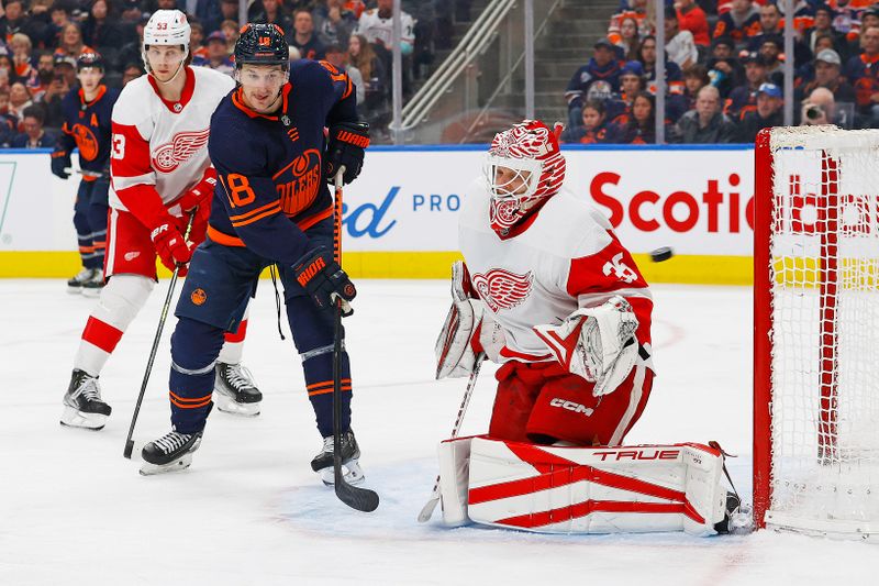 Feb 15, 2023; Edmonton, Alberta, CAN; A shot by Edmonton Oilers forward Leon Draisaitl (29) (not shown) gets by Detroit Red Wings goaltender Ville Husso (35) during the third period at Rogers Place. Mandatory Credit: Perry Nelson-USA TODAY Sports