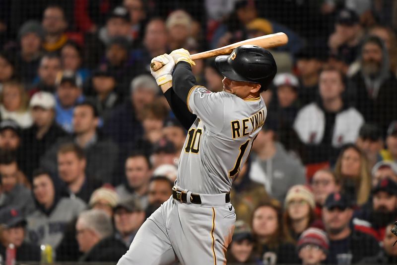 Apr 4, 2023; Boston, Massachusetts, USA;  Pittsburgh Pirates center fielder Bryan Reynolds (10) hits an RBI single during the seventh inning against the Boston Red Sox at Fenway Park. Mandatory Credit: Bob DeChiara-USA TODAY Sports