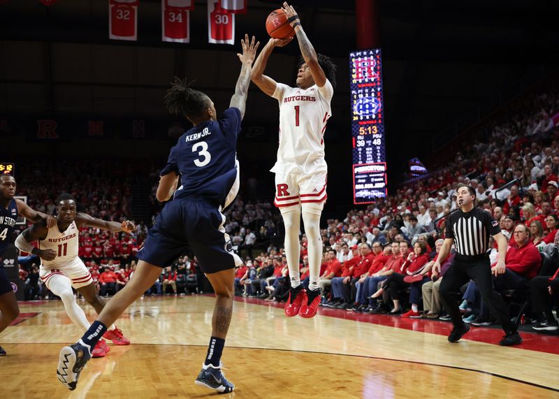 Jan 31, 2024; Piscataway, New Jersey, USA; Rutgers Scarlet Knights guard Jamichael Davis (1) shoots the ball as Penn State Nittany Lions guard Nick Kern Jr. (3) defends during the second half at Jersey Mike's Arena. Mandatory Credit: Vincent Carchietta-USA TODAY Sports