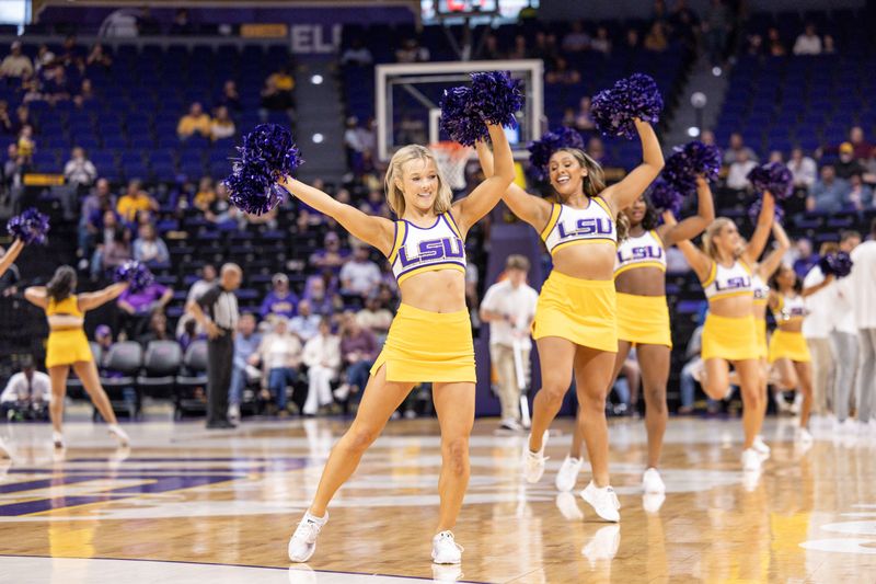 Nov 27, 2022; Baton Rouge, Louisiana, USA; LSU Tigers cheerleaders perform for the fans on a time out during the game against the Wofford Terriers during the first half at Pete Maravich Assembly Center. Mandatory Credit: Stephen Lew-USA TODAY Sports