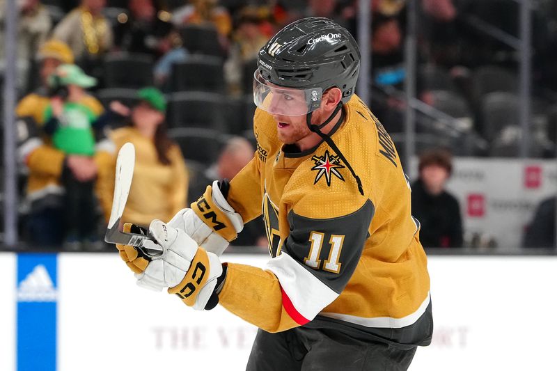 Mar 7, 2024; Las Vegas, Nevada, USA; Vegas Golden Knights left wing Mason Morelli (11) warms up before a game against the Vancouver Canucks at T-Mobile Arena. Mandatory Credit: Stephen R. Sylvanie-USA TODAY Sports