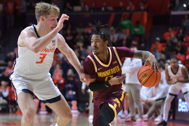 Feb 28, 2024; Champaign, Illinois, USA; Minnesota Golden Gophers guard Elijah Hawkins (0) derives the ball against Illinois Fighting Illini guard Marcus Domask (3) during the second half at State Farm Center. Mandatory Credit: Ron Johnson-USA TODAY Sports