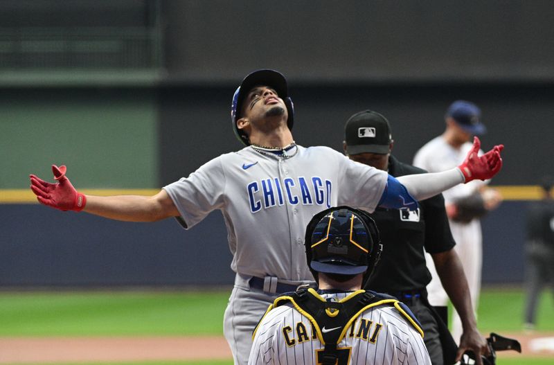 Sep 30, 2023; Milwaukee, Wisconsin, USA; Chicago Cubs second baseman Christopher Morel (5) celebrates after hitting a home run in the first inning against the Milwaukee Brewers at American Family Field. Mandatory Credit: Michael McLoone-USA TODAY Sports