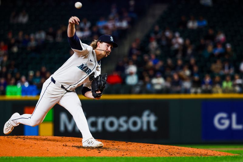 Apr 29, 2025; Seattle, Washington, USA; Seattle Mariners starting pitcher Bryce Miller (50) throws against the Los Angeles Angels during the third inning at T-Mobile Park. Mandatory Credit: Joe Nicholson-Imagn Images