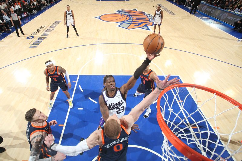 NEW YORK, NY - APRIL 4: Keon Ellis #23 of the Sacramento Kings drives to the basket during the game against the New York Knicks on April 4, 2024 at Madison Square Garden in New York City, New York.  NOTE TO USER: User expressly acknowledges and agrees that, by downloading and or using this photograph, User is consenting to the terms and conditions of the Getty Images License Agreement. Mandatory Copyright Notice: Copyright 2024 NBAE  (Photo by Nathaniel S. Butler/NBAE via Getty Images)