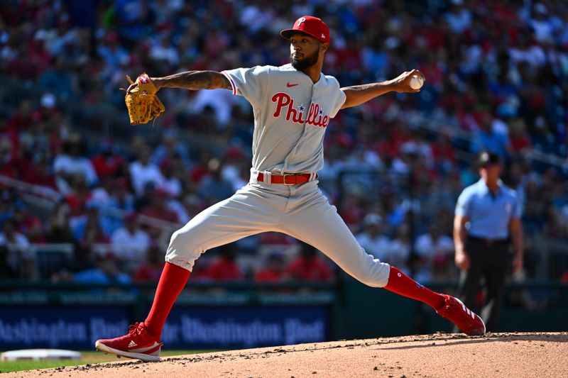 Aug 19, 2023; Washington, District of Columbia, USA; Philadelphia Phillies starting pitcher Cristopher Sanchez (61) throws to the Washington Nationals during the second inning at Nationals Park. Mandatory Credit: Brad Mills-USA TODAY Sports