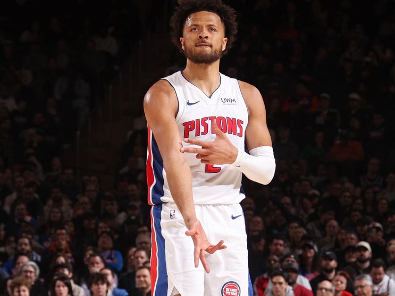 NEW YORK, NY - FEBRUARY 26: Cade Cunningham #2 of the Detroit Pistons celebrates during the game against the New York Knicks on February 26, 2024 at Madison Square Garden in New York City, New York.  NOTE TO USER: User expressly acknowledges and agrees that, by downloading and or using this photograph, User is consenting to the terms and conditions of the Getty Images License Agreement. Mandatory Copyright Notice: Copyright 2024 NBAE  (Photo by Nathaniel S. Butler/NBAE via Getty Images)