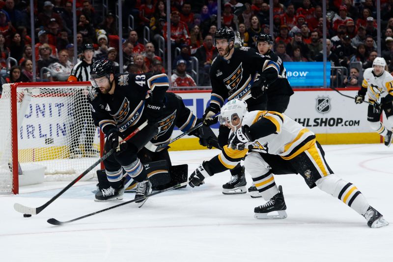 Jan 18, 2025; Washington, District of Columbia, USA; Washington Capitals right wing Tom Wilson (43) clears the puck from Pittsburgh Penguins center Sidney Crosby (87) in the second period at Capital One Arena. Mandatory Credit: Geoff Burke-Imagn Images