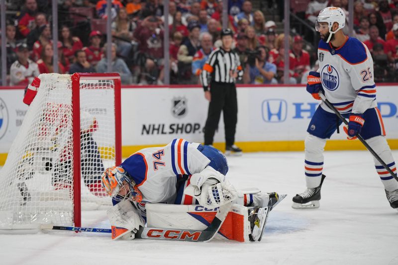 Jun 24, 2024; Sunrise, Florida, USA; Edmonton Oilers goaltender Skinner Stuart (74) on the ice during the second period against the Florida Panthers in game seven of the 2024 Stanley Cup Final at Amerant Bank Arena. Mandatory Credit: Jim Rassol-USA TODAY Sports