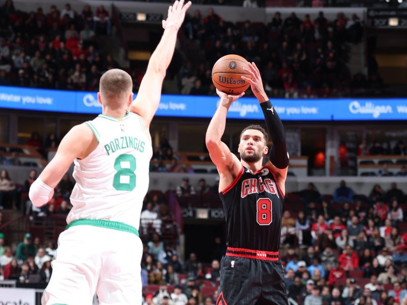 CHICAGO, IL - NOVEMBER 29: Zach LaVine #8 of the Chicago Bulls shoots the ball during the game against the Boston Celtics during the Emirates NBA Cup game on November 29, 2024 at United Center in Chicago, Illinois. NOTE TO USER: User expressly acknowledges and agrees that, by downloading and or using this photograph, User is consenting to the terms and conditions of the Getty Images License Agreement. Mandatory Copyright Notice: Copyright 2024 NBAE (Photo by Jeff Haynes/NBAE via Getty Images)