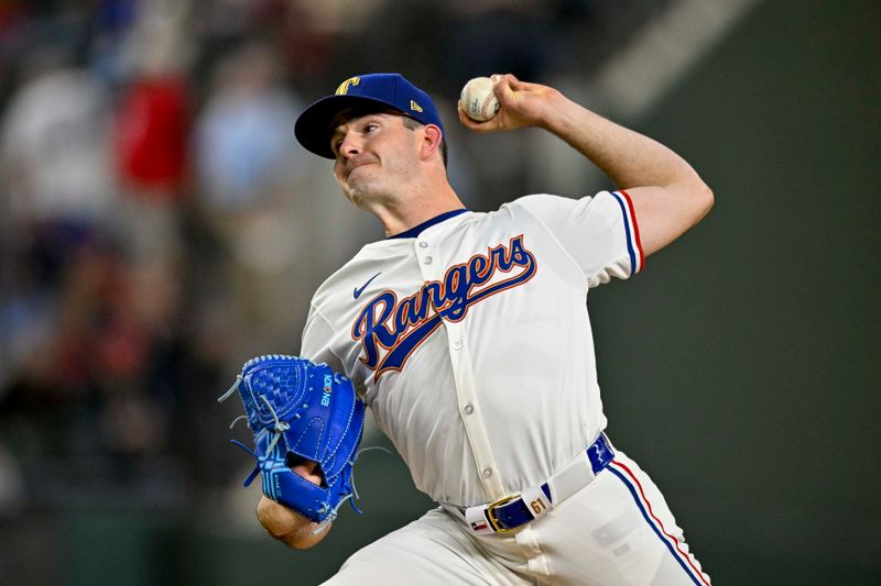 Apr 10, 2024; Arlington, Texas, USA; Texas Rangers starting pitcher Cody Bradford (61) pitches against the Oakland Athletics during the seventh inning at Globe Life Field. Mandatory Credit: Jerome Miron-USA TODAY Sports