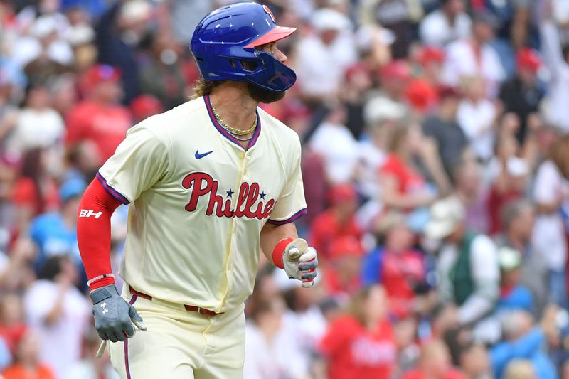 May 6, 2024; Philadelphia, Pennsylvania, USA; Philadelphia Phillies first base Bryce Harper (3) watches his three run home run against the San Francisco Giants  during the fifth inning at Citizens Bank Park. Mandatory Credit: Eric Hartline-USA TODAY Sports