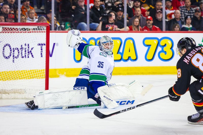 Dec 2, 2023; Calgary, Alberta, CAN; Vancouver Canucks goaltender Thatcher Demko (35) guards his net against Calgary Flames during the second period at Scotiabank Saddledome. Mandatory Credit: Sergei Belski-USA TODAY Sports